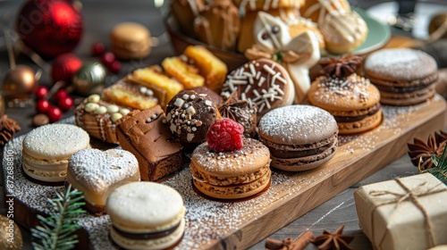  Christmas snack platter featuring a variety of traditional European treats such as German Lebkuchen, French macarons, and Italian Panettone arranged elegantly on a wooden board  © watz