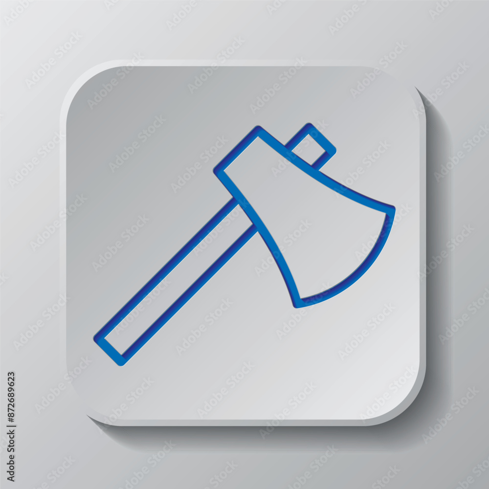 Axe simple icon vector. Flat design. Paper cut design. Cutted blue symbol with shadow. Gray badge button, gray background Axe simple icon vector. Flat design. Paper cut design. Cutted blue symbol with shadow. Gray badge button, gray background