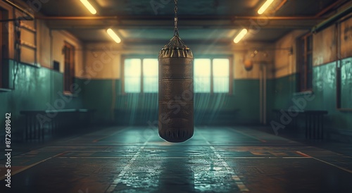 Empty Boxing Gym With Suspended Punching Bag and Sunlight Streaming Through W...