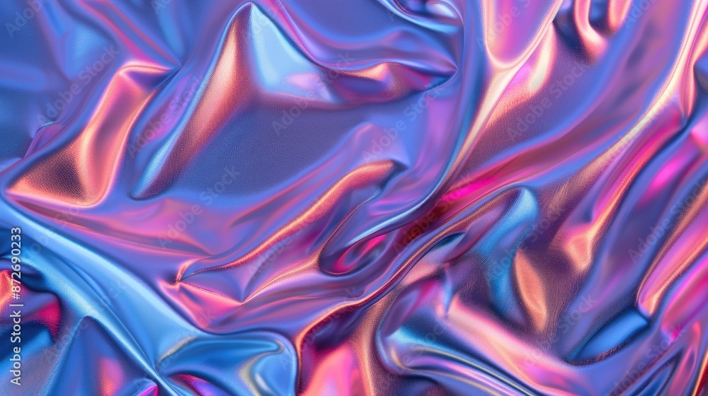 Fototapeta premium Iridescent chrome wavy gradient cloth fabric abstract background, ultraviolet holographic texture.