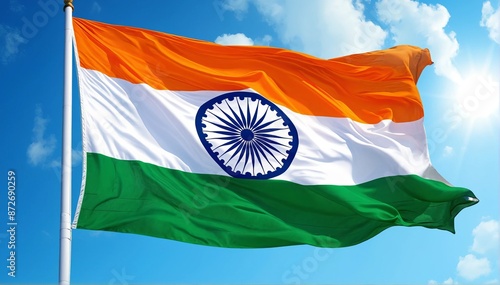 The majestic national flag of India flutters against the clear sky. Indian Independence Day. photo