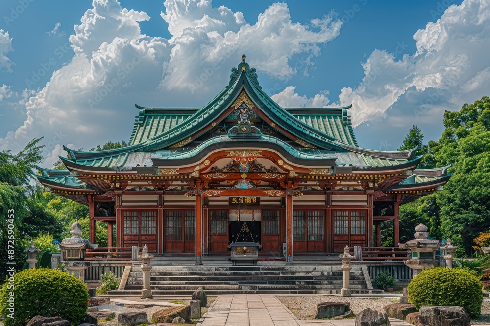 Traditional Japanese temple with colorful roof design. Traditional Japanese temple with colorful roof design.