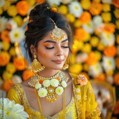 young indian woman standing with yellow flower