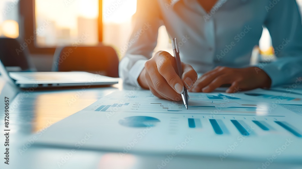 Business professional analyzing financial graphs and charts at a desk with sunlight shining through the window. Business professional analyzing financial graphs and charts at a desk with sunlight shining through the window.