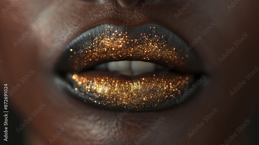 Close-Up Macro Detail of Black Woman's Lips with Gold Glitter Lipstick: Beauty Shot Close-Up Macro Detail of Black Woman's Lips with Gold Glitter Lipstick: Beauty Shot