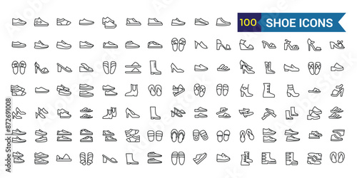 Shoe icons set in outline style. Men and women shoes set collection vector illustration. Outline icon collection. Editable stroke.