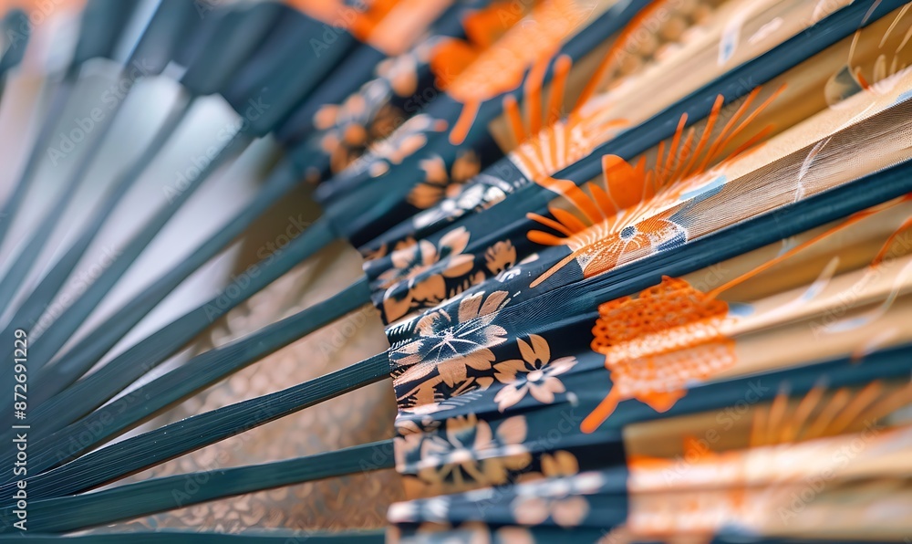 Obraz premium Close-Up of a Folding Fan with Orange and Blue Floral Pattern