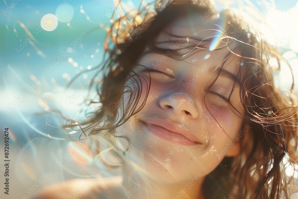 A double exposure image of a girl smiling with eyes close, beautiful beach with sunlight streaming A double exposure image of a girl smiling with eyes close, beautiful beach with sunlight streaming