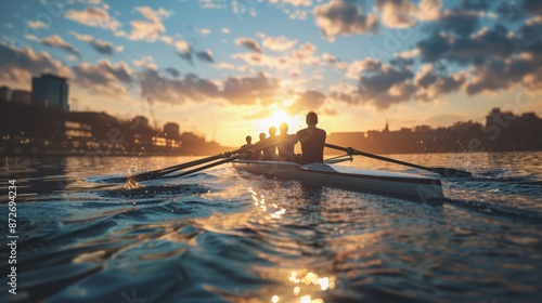 Silhouettes of rowers in a boat on a river at sunset, with a city skyline in the background. photo