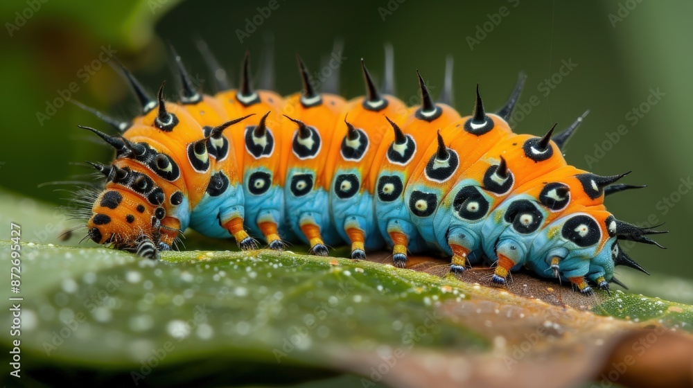 A large, colorful caterpillar is crawling on a leaf. Generate AI A large, colorful caterpillar is crawling on a leaf. Generate AI