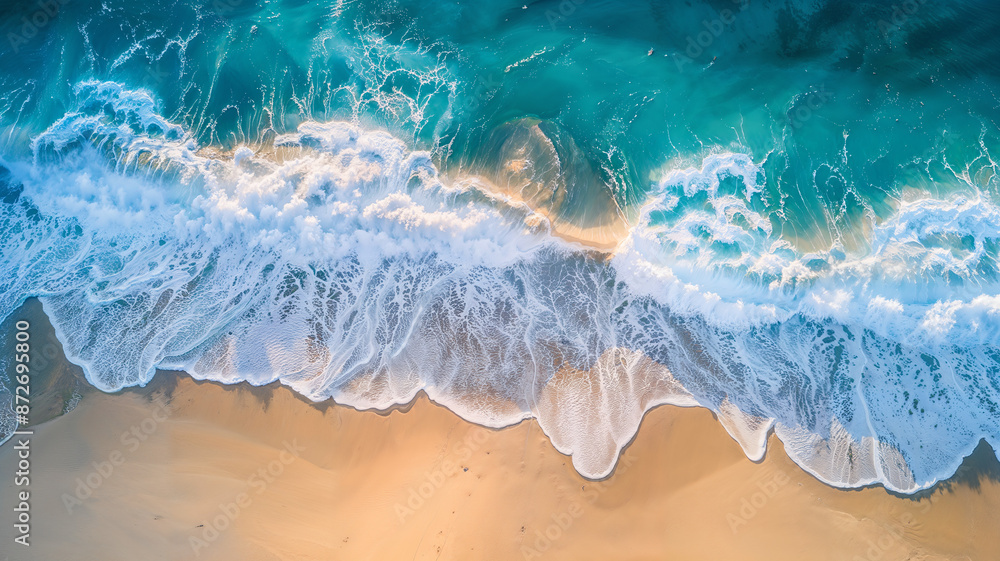 Obraz premium Aerial view of ocean waves crashing onto sandy beach.