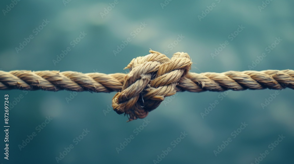 Frayed rope on the verge of breaking, representing stress, problems, fragility, or a precarious business situation Frayed rope on the verge of breaking, representing stress, problems, fragility, or a precarious business situation