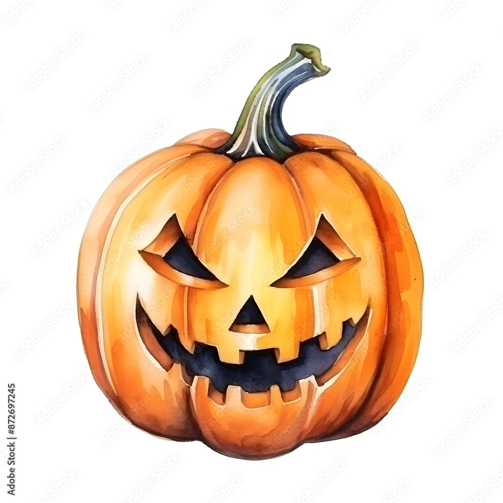Glowing Watercolor of a Carved Halloween Jack-O'-Lantern Pumpkin on White Background Glowing Watercolor of a Carved Halloween Jack-O'-Lantern Pumpkin on White Background