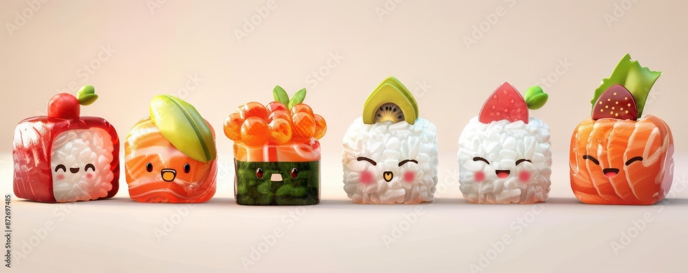 A row of cartoon sushi rolls with smiling faces on them. Free copy space. A row of cartoon sushi rolls with smiling faces on them. Free copy space.