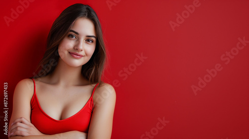 Wallpaper Mural Portrait of a young latin woman with pleasant smile and crossed arms isolated on red wall with copy space.  Torontodigital.ca