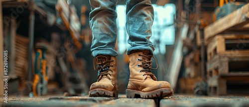 A young apprentice carpenter in work boots and a tool belt, learning carpentry skills under the guidance of a seasoned carpenter photo