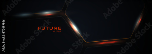 Dark hexagon abstract technology background with orange and white colored bright flashes under hexagon. Hexagonal gaming vector abstract tech futuristic wide banner.
