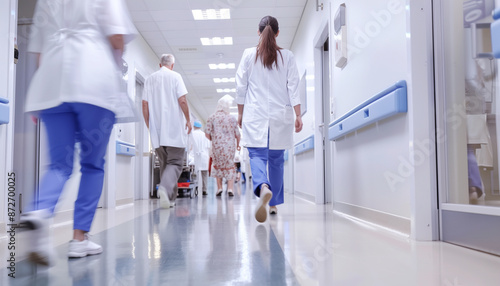 Couloir d'un hôpital ou d'une clinique avec du personnel soignant médecin, docteur, chirurgien en blouse et des patients malades qui marchent