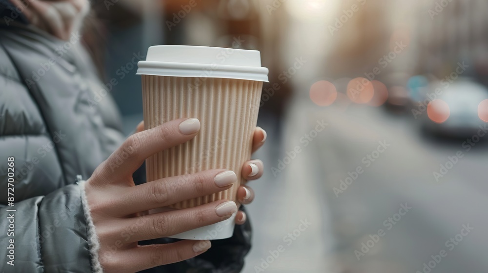 Close-up of a hand holding a disposable coffee cup on a city street. Stylish and modern photo captures urban lifestyle and morning routine. Ideal for websites and blogs on coffee culture. AI Close-up of a hand holding a disposable coffee cup on a city street. Stylish and modern photo captures urban lifestyle and morning routine. Ideal for websites and blogs on coffee culture. AI