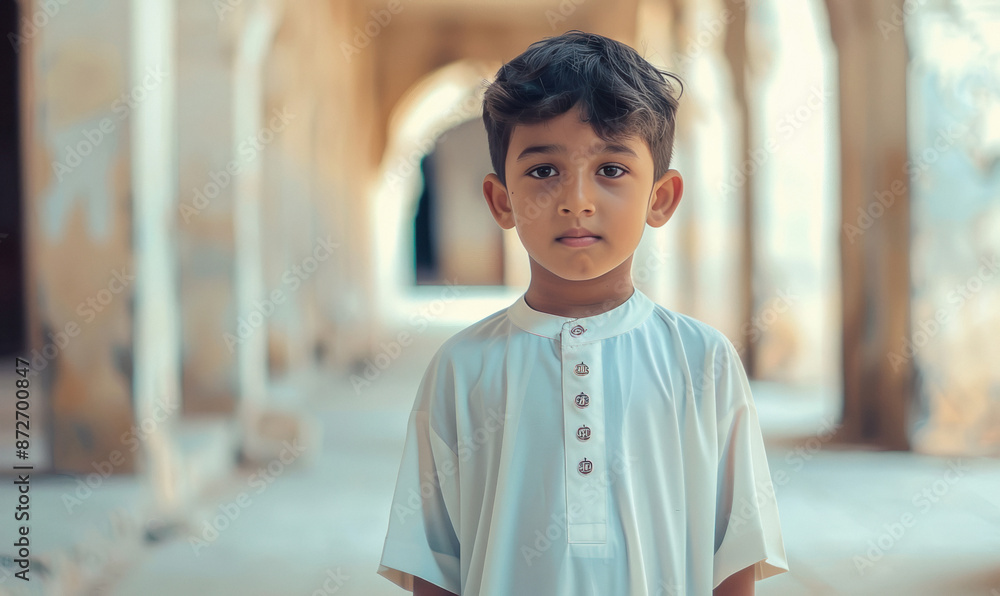Fototapeta premium little muslim boy praying at mosque