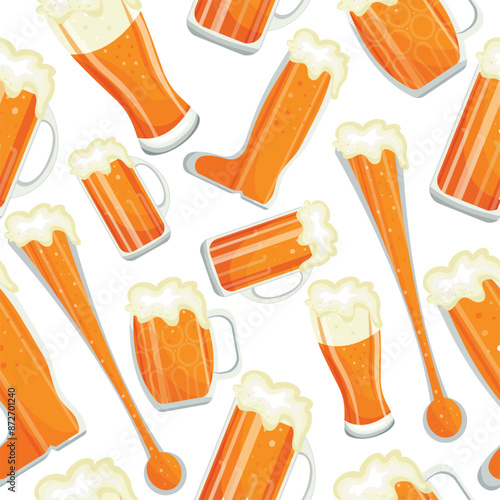 seamless pattern of various glasses and beers in glasses namely weitzen glasses, stein, tankard, sidel and tall glass yard for various designs, posters or banners