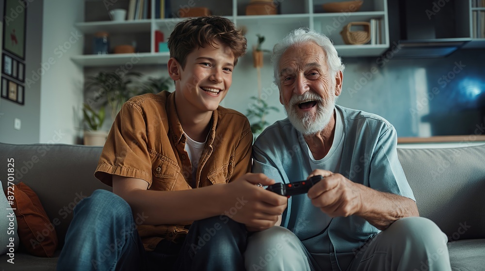 Grandfather and grandson bonding over video games on a couch in a cozy, modern living room. Ideal for family-oriented holidays like Father's Day or Grandparents Day. Grandfather and grandson bonding over video games on a couch in a cozy, modern living room. Ideal for family-oriented holidays like Father's Day or Grandparents Day.