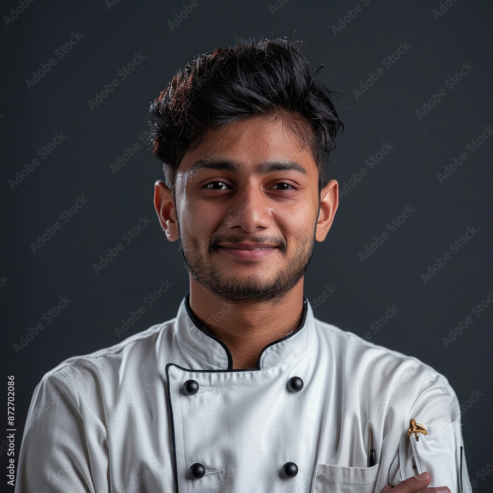 young indian chef standing on isolated background young indian chef standing on isolated background