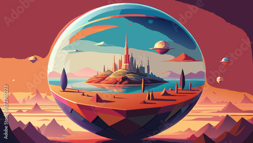 Surreal Sci-Fi Landscape with Futuristic City in a Glass Sphere