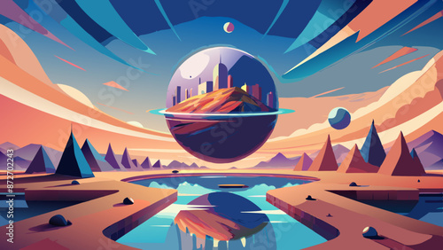 Surreal Futuristic Landscape with Vibrant Colors and Cosmic Elements