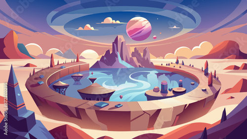 Surreal Extraterrestrial Landscape with Majestic Mountains and Serene Lake