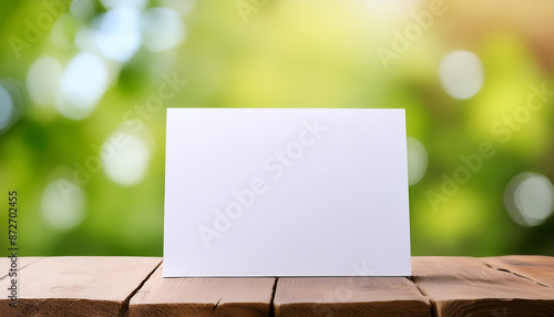 Wallpaper Mural White poster on wooden table, mock-up for design presentations or portfolios. Natural green backdrop Torontodigital.ca