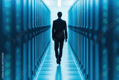 Person walking down an aisle flanked by server racks in a glowing data center.