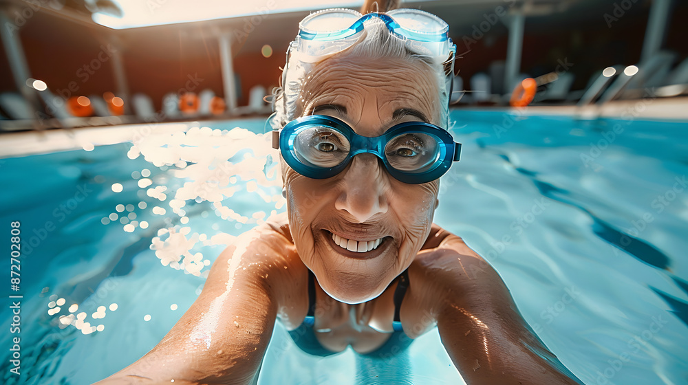 Naklejka premium Joyful Elderly Woman Diving into a Swimming Pool with a Smile.