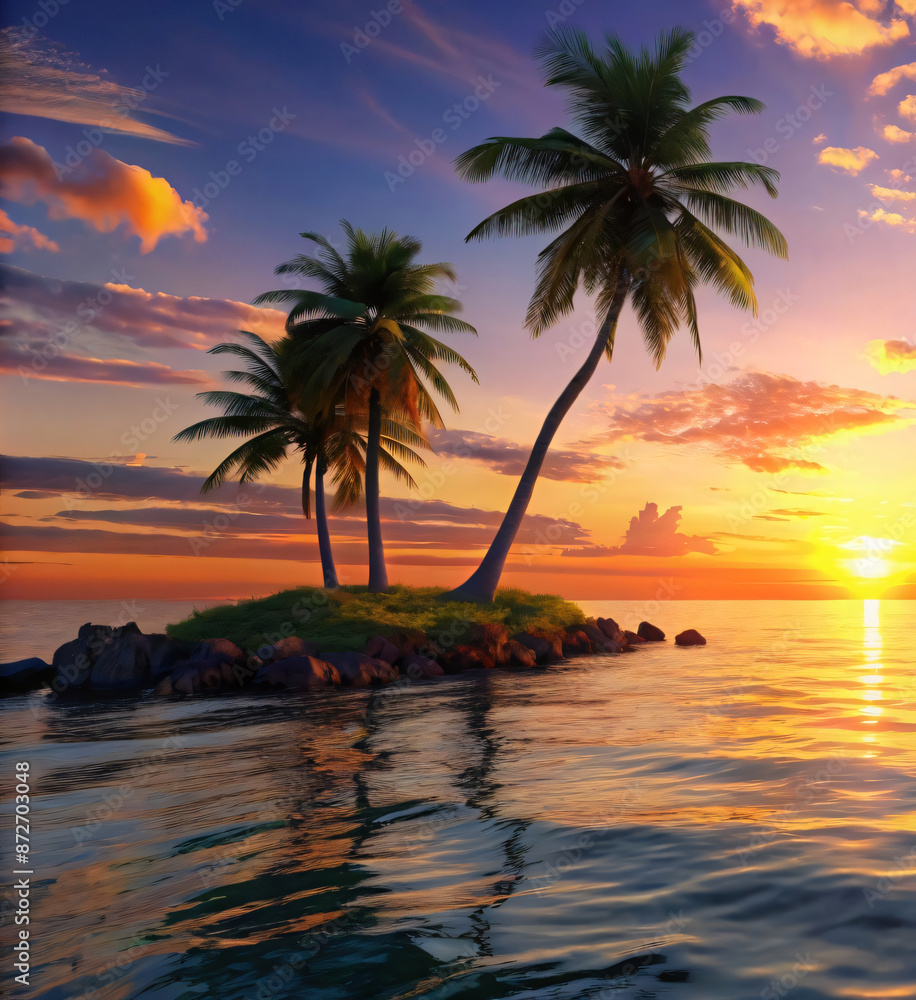 Obraz premium Tropical sunset with palm trees by the beach
