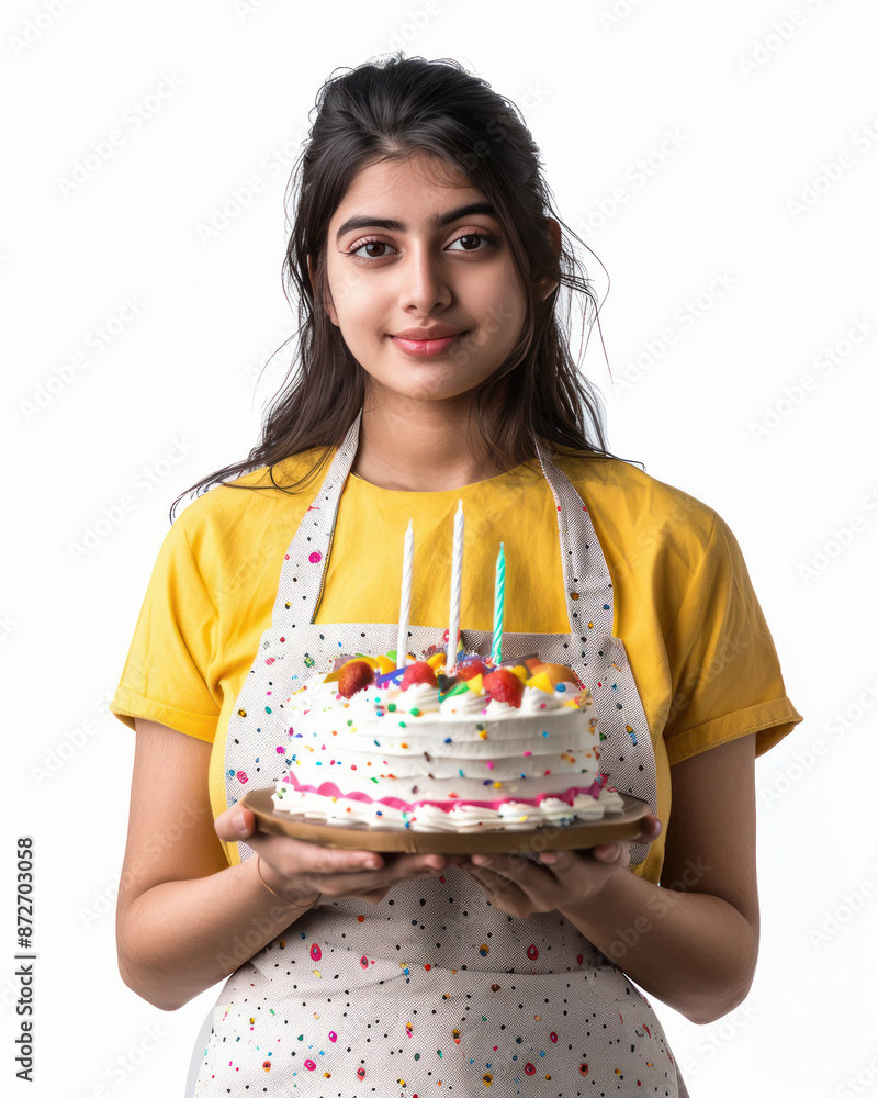 young indian woman holding birthday cake on white background young indian woman holding birthday cake on white background
