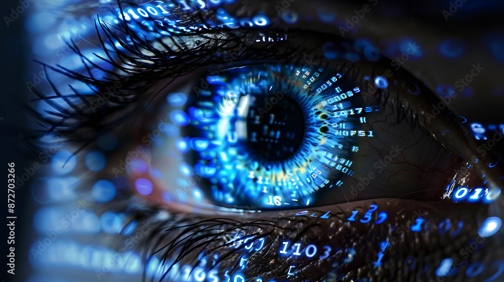 Naklejka premium Close-up of a human eye with digital and cybersecurity elements, representing technology, data protection, and cyber intelligence.