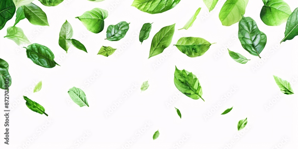 Green foliage floating and dancing on a white backdrop. Green foliage floating and dancing on a white backdrop.