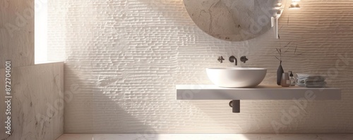 Light and airy bathroom with a textured alabaster wall, featuring a wall-mounted sink and minimalistic decor