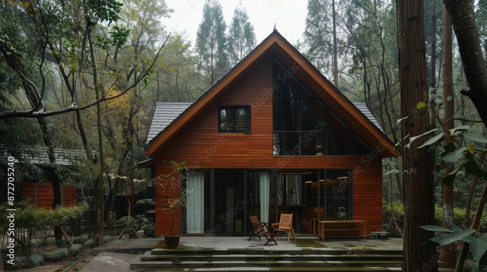 A small wooden house in the forest, wooden structure with white partition walls, a small attic of modern style western Sichuan residential houses, A small wooden house in the forest, wooden structure with white partition walls, a small attic of modern style western Sichuan residential houses,