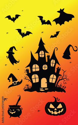 Halloween House, Bat, silhouette vector set. photo