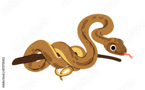 Vector cartoon brown snake on tree branch. Cute childish illustration of friendly reptile isolated on white background.