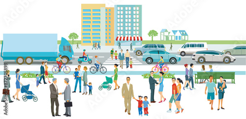 Stadtsilhouette einer Stadt mit Verkehr und Menschen,  illustration