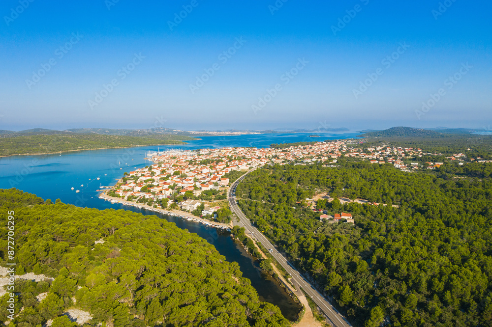 Aerial view of Adriatic town of Pirovac and main road, Dalmatia, Croatia Aerial view of Adriatic town of Pirovac and main road, Dalmatia, Croatia