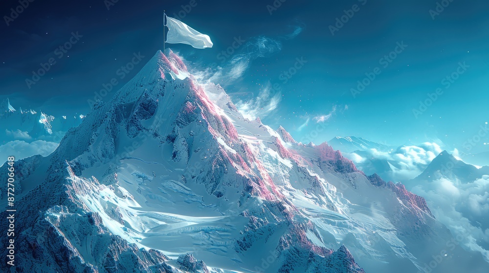 Fototapeta premium A glowing white flag atop an mountain peak, symbolizing achievement and victory