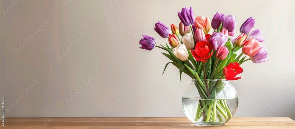 Beautiful fresh flowers in vase, red, pink and purple tulips in glass vase Mother's day gift, spring flowers concept, birthday bouquet present close-up with space for text. with copy space image