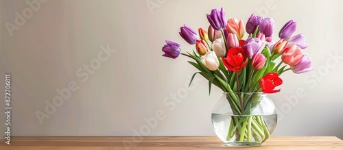 Obraz na płótnie Beautiful fresh flowers in vase, red, pink and purple tulips in glass vase Mother's day gift, spring flowers concept, birthday bouquet present close-up with space for text. with copy space image w salonie