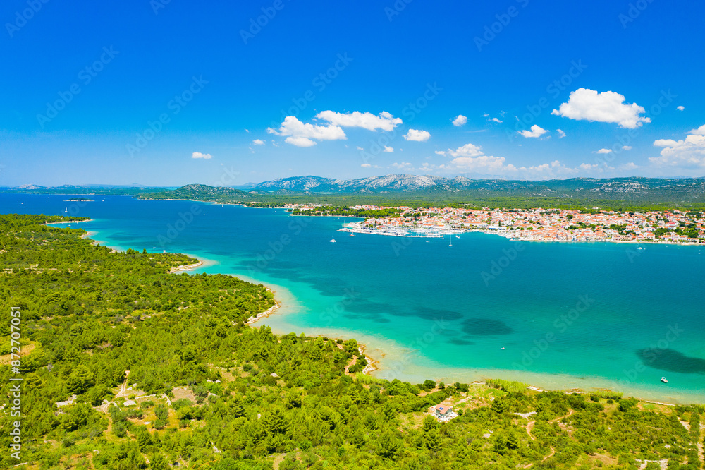 Aerial view of Adriatic town of Pirovac and Murter island, Dalmatia, Croatia