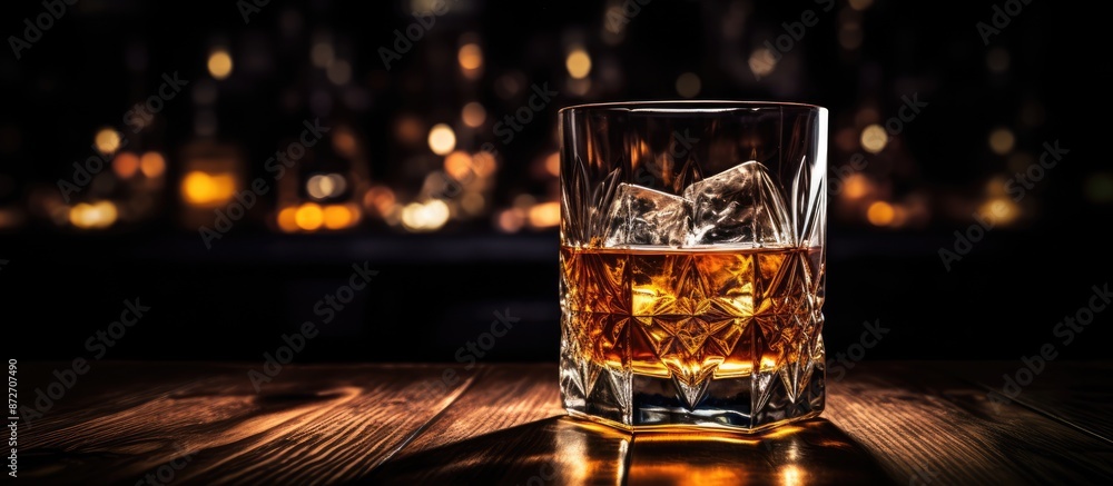 Elegant whiskey glass on a dark bar counter with a moody ambiance, creating a drink art concept with copy space image.