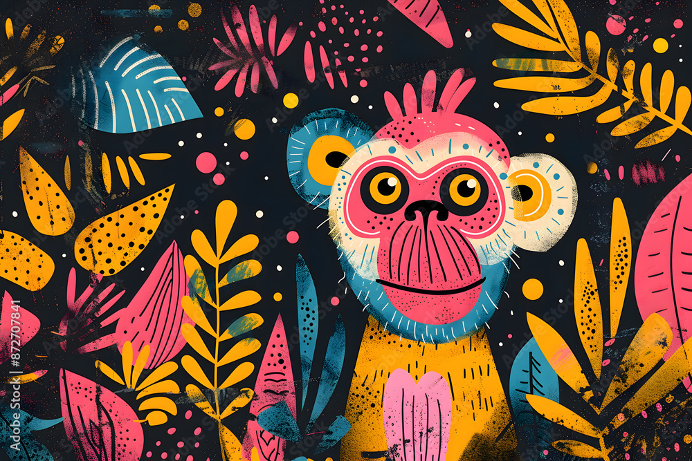 Brilliantly Hued Primate, Monkey's Face in Vivid Tones Brilliantly Hued Primate, Monkey's Face in Vivid Tones