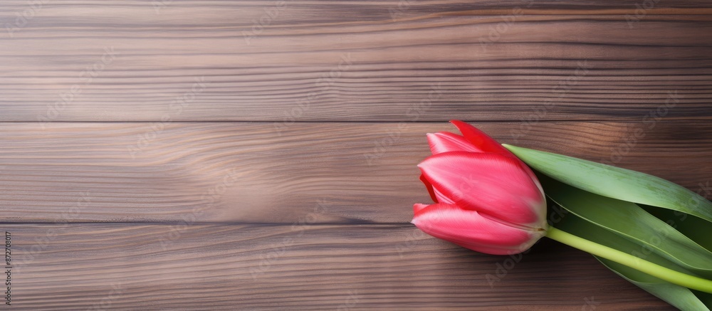Spring flat lay concept with a vibrant tulip on a contemporary wooden backdrop, presenting copy space image. Spring flat lay concept with a vibrant tulip on a contemporary wooden backdrop, presenting copy space image.